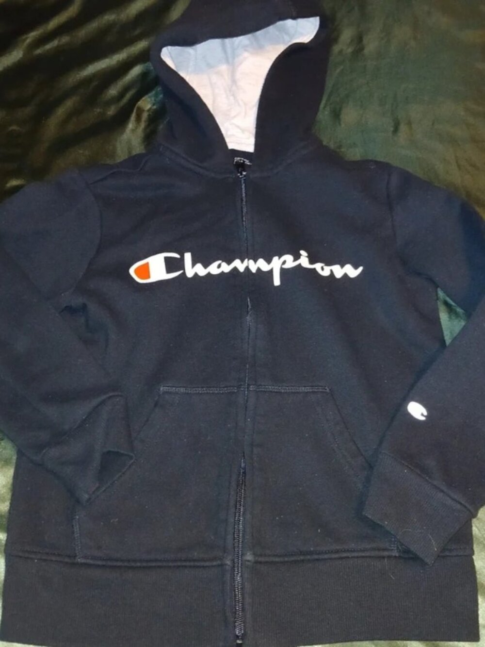 Champion Boys Black Full-Zip Hoodie Size 8 - Script Logo Athletic Sweatshirt